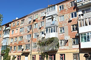Multi-apartment five-story panel house in a residential area, Khrushchev, built during the USSR period.