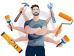 Multi-armed Builder repairman. Technical service vector illustration.