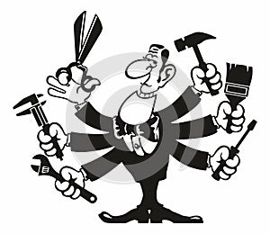 Multi-armed special agent of repair service. Funny cartoon character in the role of handyman