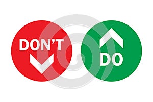 Do and don`t up and down, pros and cons left green right arrows in circles with transparent background photo