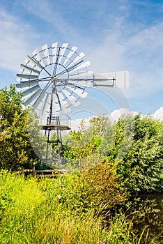 Multi-bladed wind pump between the shrubs