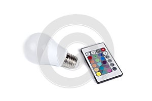 Multi color led bulb with a remote control  on a white background