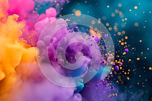 Multi color powder explosion isolated on black background. A colourful powder explosion of holi paint. Holi paint rainbow multi