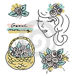 Multi color Set of elements in the style of line art on a white background. Brown Basket with Pink and green flowers