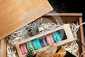 Multi-colored almond macaroni biscuits in a big gift box-2.