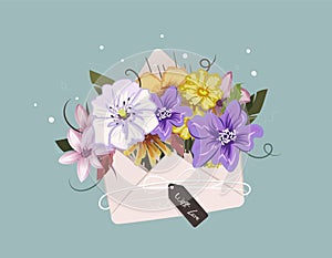 Multi-colored arrangement of flowers on a white background to decorate holiday cards for wedding, birthday,