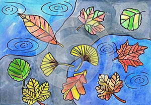 Multi-colored autumn leaves lie on puddles. Children`s drawing