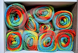Multi colored balls of wool in a craft shop