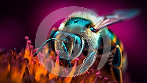 Multi colored bee pollinates small purple flower outdoors generated by AI