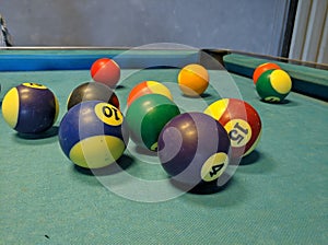 Multi-colored billiard balls on a pool table