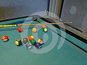 Multi-colored billiard balls on a pool table