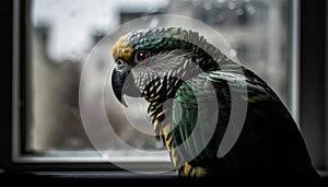 Multi colored bird of prey perching on branch, looking at camera generated by AI