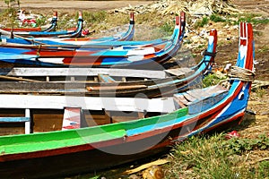 Multi colored boats on Irrawaddy river, Myanmar