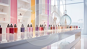 Multi-colored bottles for creating fragrances. Perfume laboratory.