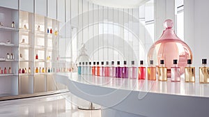 Multi-colored bottles for creating fragrances. Perfume laboratory.