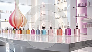 Multi-colored bottles for creating fragrances. Perfume laboratory.