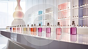 Multi-colored bottles for creating fragrances. Perfume laboratory.