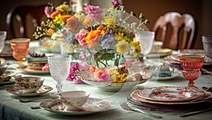 Multi colored bouquet adorns elegant table with fresh flower arrangement generated by AI