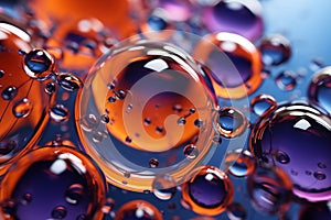 Multi-colored bright transparent glossy bubbles close-up. Oil drops on water surface abstract back