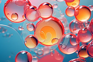 Multi-colored bright transparent glossy bubbles close-up. Oil drops on water surface abstract back