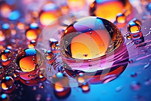 Multi-colored bright transparent glossy bubbles close-up. Oil drops on water surface abstract back