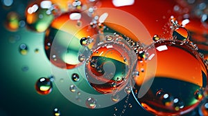 Multi-colored bright transparent glossy bubbles close-up. Oil drops on water surface abstract back