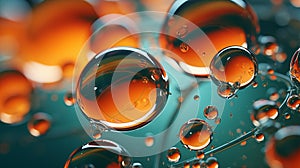 Multi-colored bright transparent glossy bubbles close-up. Oil drops on water surface abstract back