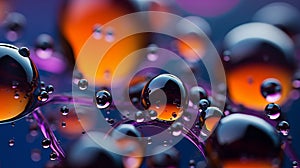 Multi-colored bright transparent glossy bubbles close-up. Oil drops on water surface abstract back