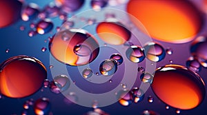 Multi-colored bright transparent glossy bubbles close-up. Oil drops on water surface abstract back