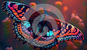Multi colored butterfly wing, macro close up on flower ,generative AI