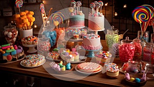 Multi colored candy, dessert, birthday, sweet food, celebration generated by AI