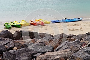 Multi colored canoes on the Spamish coast