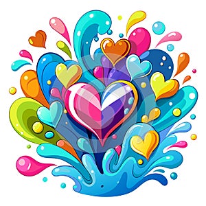 Multi-colored cartoon drops of splashes fly to the sides. Heart-shaped drops. In the middle of the drops there is a large heart