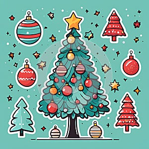 A multi-colored Christmas tree illustration for kids' drawing design.