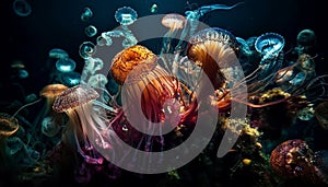 Multi colored cnidarian tentacles levitate in underwater beauty generated by AI