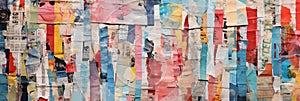 Multi-colored collage of torn papers from newspapers and magazines of different generations, concept of Mixed media art