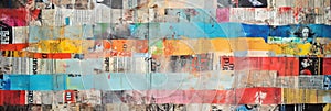 Multi-colored collage of torn papers from newspapers and magazines of different generations, concept of Mixed media art