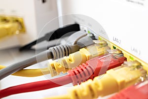 Multi-colored copper cords patch for home internet connected to the router. for each device its own color