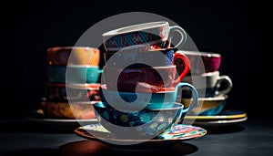 Multi colored crockery stack on wooden table, pottery mug collection decoration generated by AI