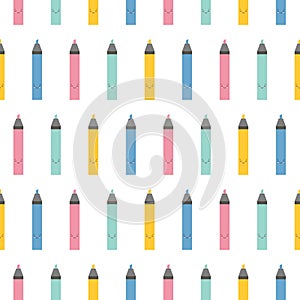 Multi-colored cute cartoon markers highlighters sample pattern. Bright endless background. Good for school and business