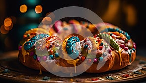 Multi colored dessert table with homemade indulgences generative AI