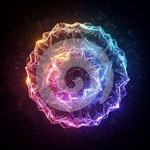 A multi-colored, digitally rendered crystalline structure with a star-like pattern. It features