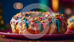 Multi colored donut with chocolate icing and sprinkles generated by AI