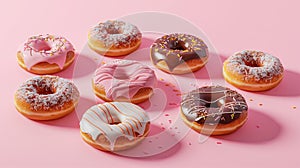 Multi-colored donuts with different glazes and sprinkles on a pink background. National Donut Day