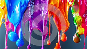 Multi-colored drops of paint falling. Flowing liquid paint various bright colors.