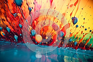 multi-colored drops of paint on a glossy surface. Generative AI