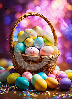 multi-colored Easter eggs in a basket. Selective focus.