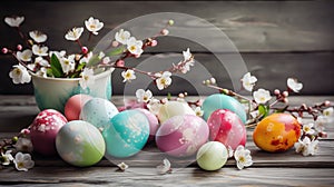 Multi-colored Easter eggs, painted Easter eggs set decoration flowers