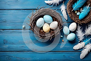 Multi-colored Easter eggs in a wicker basket on a blue wooden background with white feathers. Easter eggs in pastel