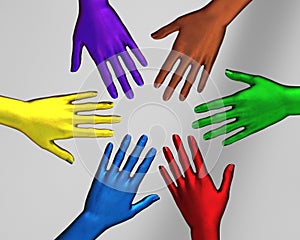 Multi-colored female hands on top of each other as a team. 3d illustration.